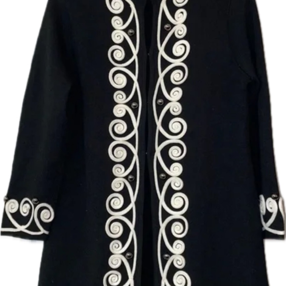 Elegant Black  cardigan, duster with White Embroidery details, size medium
